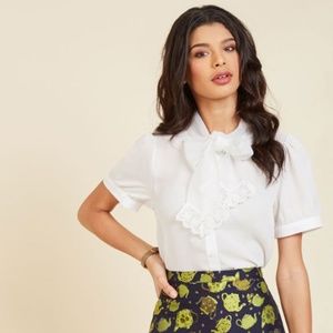 Modcloth White Sheer Blouse with Lace Neck Tie